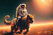 Astronaut Riding Big Cat On Mars Landscape. Concept Of Orange Light On Outer. Finest Generative AI.