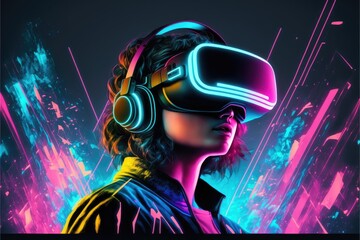 Wall Mural - A young man in VR glasses playing video games with virtual reality headset. Concept of gaming in cyberpunk lifestyles. Finest generative AI.