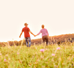Wall Mural - woman man outdoor senior couple happy lifestyle retirement together smiling love old nature mature b