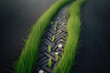 Green car tire track. Close up of the tread pattern of a car tire on a asphalt road, grass and flowers begin to grow in the tire pattern. Generative AI