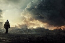 Lone Soldier Walking In Destroyed City. Apocalyptic Landscape. Post-apocalyptic, End Of The World. Desrtoyed City. Devastated Ruins Of A City. Dramatic Sky. Generative AI