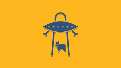 Poster - Blue UFO abducts cow icon isolated on orange background. Flying saucer. Alien space ship. Futuristic unknown flying object. 4K Video motion graphic animation