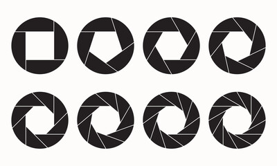 camera shutter icons set. set of lens diaphragm with various number of petals.