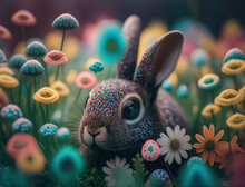 Happy Easter Background Concept Bunny With Easter Eggs On Meadow With Flowers Created With Generative AI Technology