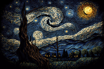 Wall Mural - woodcut night sky swirling light and stars. generative ai