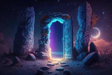 Abstract fantasy glacial winter cold neon landscape. Winter snowy landscape. Winter background, ice, Ice magic portal, light entrance. North polar relief. 3D illustration. (ai generated)