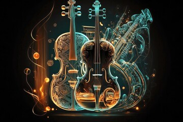 Canvas Print - double exposure of musical instruments on dark background digital illustration, created with generative ai