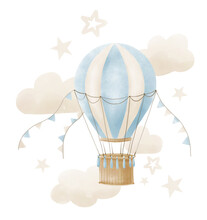 Hot Air Balloon With Stars And Clouds. Watercolor Hand Drawn Illustration For Baby Design In Cute Pastel Blue And Beige Colors. Drawing On Isolated Background For Newborn Shower Greeting Cards