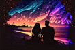 Lovebirds on vacation walk on the beach under a starry sky with a romantic sunset. Striking contrast between fluorescent light and black background. Generative AI