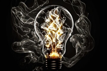 Canvas Print - double exposure of light bulb on black background digital illustration, created with generative ai