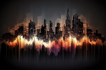 Poster - mixed audio waveform in form of abstract urban background digital illustration, created with generative ai