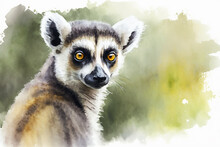 Watercolor Painting Of Friendly Ring-tailed Lemur With Copy Space For Text. Beautiful Artistic Animal Portrait For Poster, Wallpaper, Art Print. Made With Generative AI.