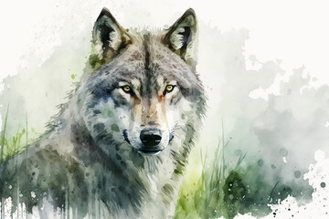  Watercolor painting of gray wolf with copy space for text. Beautiful artistic animal portrait for poster, wallpaper, art print. Made with generative AI.