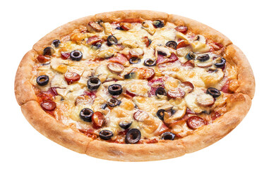 Wall Mural - Delicious pizza with ham, salami, sausages, mushrooms, mozzarella, olives and tomato sauce, cut out