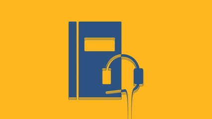 Poster - Blue Audio book icon isolated on orange background. Book with headphones. Audio guide sign. Online learning concept. 4K Video motion graphic animation