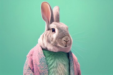 Bunny On Cyan Blue Green Background Wearing Pastel Colored Clothing With Copyspace Generative AI