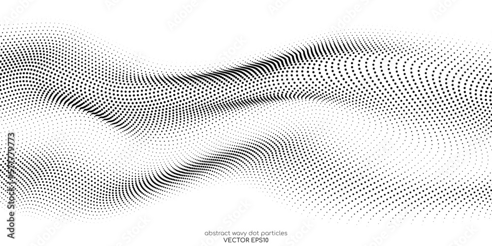 Flowing dots particles wave pattern halftone black gradient curve shape ...