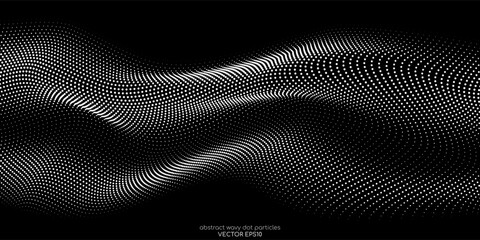 Flowing dot particles wave pattern 3D curve halftone black and white gradient light isolated on black background. Vector in concept of AI technology, science, music.