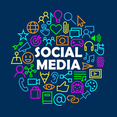 Wall Mural - SOCIAL MEDIA with related icons arranged in a circle on dark blue background