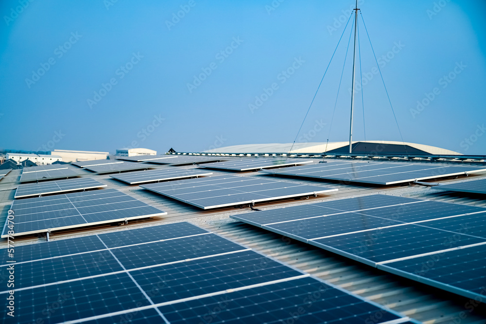 Solar panels on factory roof photovoltaic solar panels absorb sunlight ...