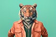 Tiger On Cyan Blue Green Background Wearing Pastel Clothing With Copyspace Generative AI