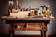Wooden workbench at workshop. Lot of different tools for diy and repair works. Generative Ai