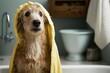 Dog bathing. Lovely wet dog wrapped in towel after shower.