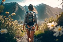 Backpacker Hiker Camper Woman Viewed From The Back. Mountains Landscape. Hiking, Trekking, Backpacking, Camping In The Mountains Concept.