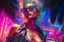 Attractive Girl Clubbing At The Hot Summer Dance Party. Neon Light. Palm Trees On Background. Vacation Nightlife.