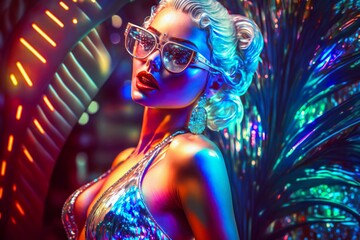 Wall Mural - Attractive girl clubbing at the hot summer dance party. Neon light. Palm trees on background. Vacation nightlife.