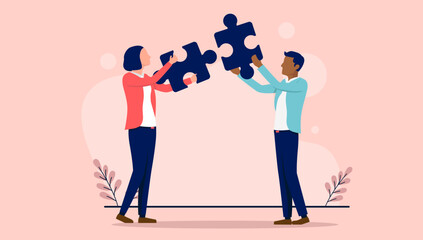 Fototapete - Solving puzzle - Two people in business solving problem by connecting jigsaw puzzle pieces together. Flat design vector illustration