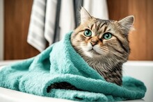 Bathing Your Pet. Unhappy Wet Cat Wrapped In Towel After Shower.