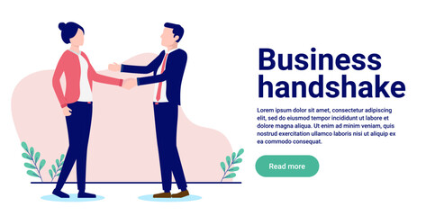 Aufkleber - Business handshake - Man and woman shaking hands over deal and agreement in office. Flat design vector illustration with white background and copy space