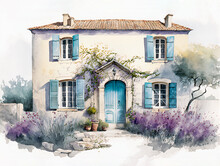 AI Generative, Mediterranean South European Style Country House With Wisteria Blooming Tree And Lavander Shrub, Illustration