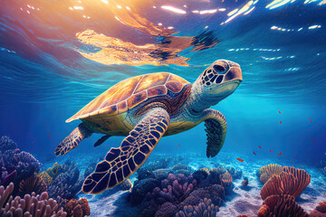 Wall Mural - Sea turtle swimming underwater in blue ocean water. Created with Generative AI