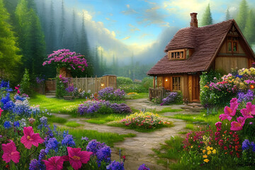 Fantasy landscape with wood cottage in background.