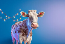 Cute Cow Portrait On The Simple Background With Lights, Super Photo Realistic, Generative Ai