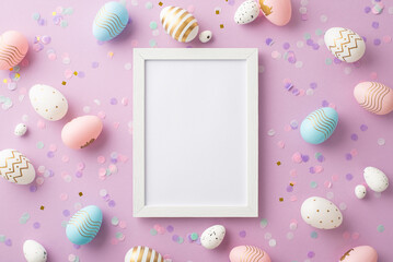 easter concept. top view photo of empty photo frame colorful easter eggs and confetti on isolated li