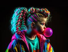 1980s Little Retro Girl Side View Profile In Neon Clothes And Colorful Blonde Pigtail Hair, Blowing Bubble Gum, Isolated On Black With Copy Space, Generative Ai