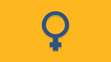 Sticker - Blue Female gender symbol icon isolated on orange background. Venus symbol. The symbol for a female organism or woman. 4K Video motion graphic animation