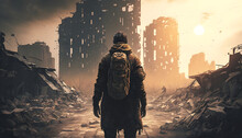 A Man Standing Against The Backdrop Of A Ruined City, Ruined City Buildings, Flying Debris And Debris, Fire And Smoke. A Post-apocalyptic Plot. Surviving Alone