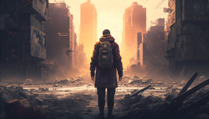 Wall Mural - A man standing against the backdrop of a ruined city, ruined city buildings, flying debris and debris, fire and smoke. A post-apocalyptic plot. Surviving alone