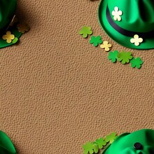 St. Patricks Day Hat And Clover On Brown Leather. Shamrock And Green Hat. Created With Generative AI Technology.