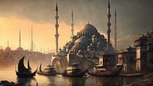 A Historic View Of Istanbul, Turkey. Generative Ai Illustration, Old Painting Style.