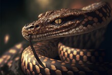 Brown Snake Head Portrait With Tongue. Realistic Art.