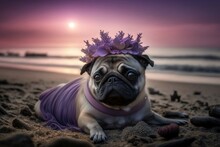 A Cute Pug Puppy, Beach Scene, Hawaiian Theme, Purple, Lilacs, Flowers, Sunset