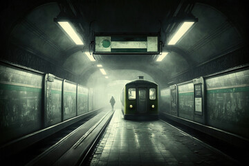 Poster - train in the subway tunnel. Generated by AI