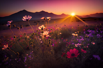 Wall Mural - an array of cosmos flowers in shades of pink, red, and yellow, with the sun setting behind a mountain range, casting a warm golden light across the landscape. generative ai