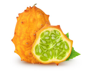 Canvas Print - Isolated kiwanos. Whole kiwano melon fruit and slice with leaves isolated on white background with clipping path