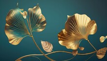  A Gold Flower With Leaves On A Blue Background With A Gold Stem And Leaves On A Blue Background With A Gold Stem And Leaves On A Blue Background.  Generative Ai